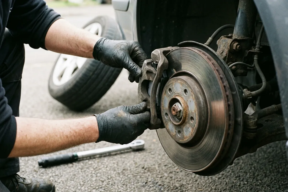 Mechanic removing a wheel to inspect brake discs and pads on a Colchester driveway
