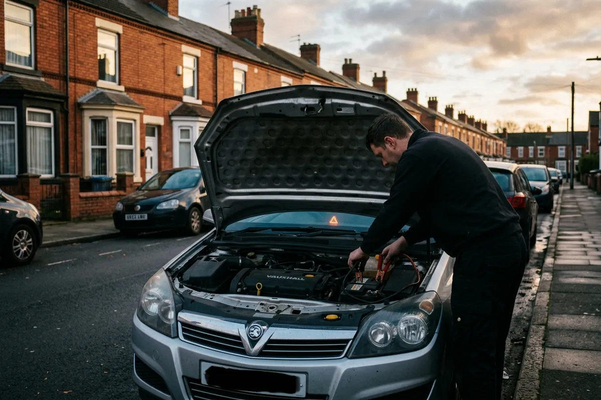 Mobile mechanic checking a car with the bonnet open on a Colchester residential street